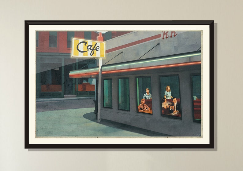Moody diner art print inspired by Twin Peaks and Edward Hopper’s Nighthawks, featuring a late-night interior scene in painterly noir style with vintage distressed detail.
