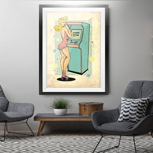 May include: A framed illustration of a woman in a pink dress and roller skates standing next to a vintage arcade game with the text "GAME OVER" on the screen.