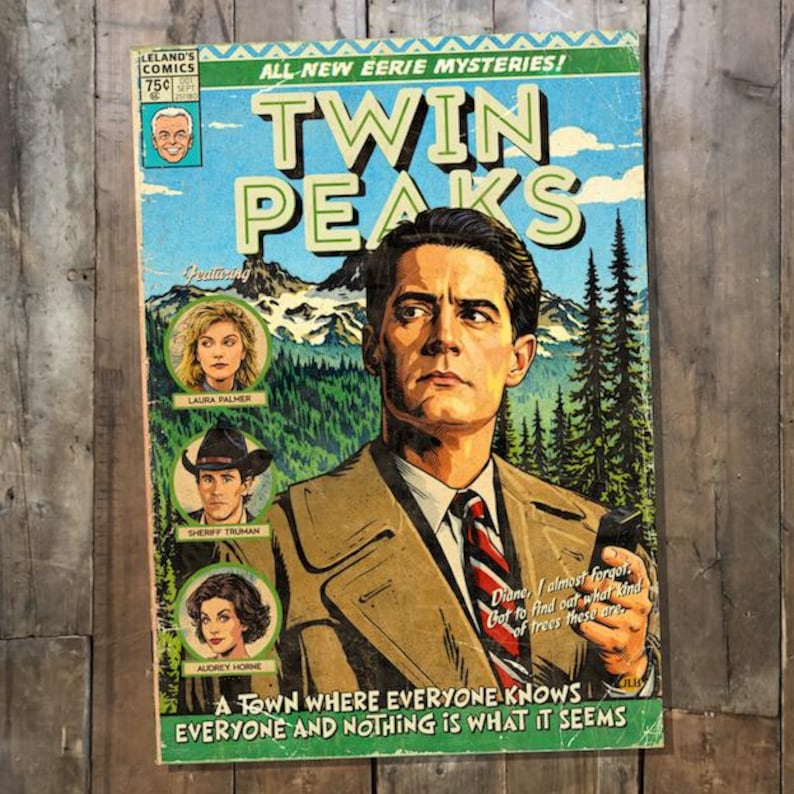 Vintage comic-style Twin Peaks art print featuring Agent Cooper in a retro comic book cover design.