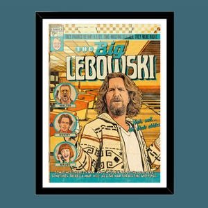 Op de afbeelding: Een ingelijste poster met een illustratie in stripstijl van The Big Lebowski. Het kunstwerk toont een centraal personage in een vest met patroon, met kleinere ronde portretten van Walter, Donny en Maude tegen een achtergrond van een bowlingbaan.