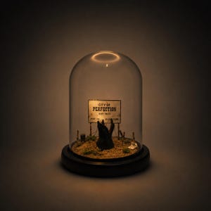 May include: A clear glass cloche dome on a black base containing a miniature diorama. Inside, a sign reads City of Perfection, Est. 1902, Pop. 14, Elev. 2135. A dark, jagged, upright object stands in the centre on a sandy, mossy ground with small sticks.