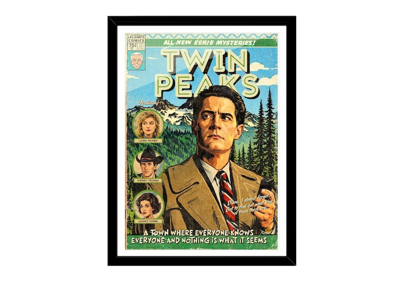 Vintage comic-style Twin Peaks art print featuring Agent Cooper in a retro comic book cover design.