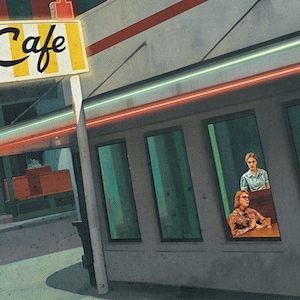 Close up detail of Twin Peaks print showing a retro-style diner with a neon sign that reads "Cafe". The diner has large windows that show people sitting inside at tables.