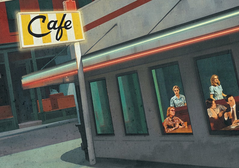 Close up detail of Twin Peaks print showing a retro-style diner with a neon sign that reads "Cafe". The diner has large windows that show people sitting inside at tables.