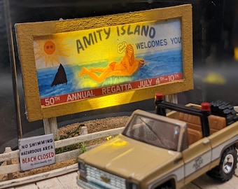Movie Diorama Lamp | Handmade Coastal Night Scene | Retro 70s Shark Film Display | Cult Movie Collector Decor