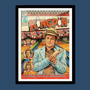 May include: A framed comic book cover titled Kingpin featuring a man in a fedora and light blue plaid blazer standing in a bowling alley. The artwork includes smaller circular portraits of three individuals labelled Ishmael, Big Ern, and Claudia.