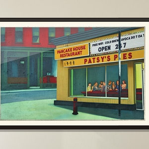 May include: A painting of a diner called "Patsy's Pies" with a yellow exterior and a large window showing people sitting at a table inside. The sign above the diner says "Free Wifi Cold Brew Avoca Do Toa 1 Open 27". There is a red fire hydrant in front of the diner.