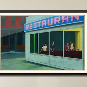Stampa a tema dipinto a olio di una sitcom televisiva degli anni '90, "Nighthawks at the Restaurant", opera d'arte murale cult, poster del ristorante Monk's, regalo unico per la casa