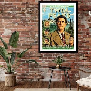 Framed Twin Peaks Agent Cooper comic-style art print displayed in a modern living room.