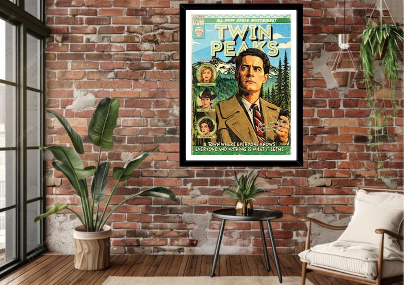Framed Twin Peaks Agent Cooper comic-style art print displayed in a modern living room.