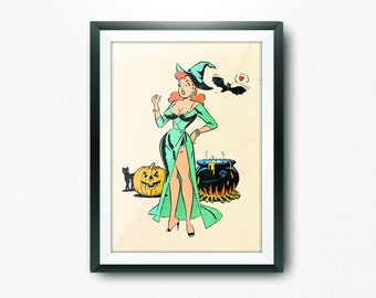 May include: A vintage illustration of a witch in a green dress and a pointed hat. She is holding a cauldron with flames underneath and a black cat is sitting next to a jack-o-lantern.