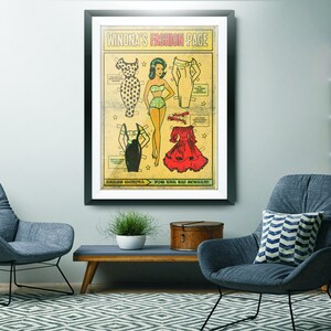 May include: A vintage-style paper doll illustration with the title "Winona's Fashion Page". The illustration features a woman with blonde hair and a red dress, a black dress, a polka dot dress, and a swimsuit. The illustration is framed in a black frame.