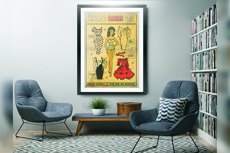 May include: A vintage-style paper doll illustration with the title "Winona's Fashion Page". The illustration features a woman with blonde hair and a red dress, a black dress, a polka dot dress, and a swimsuit. The illustration is framed in a black frame.