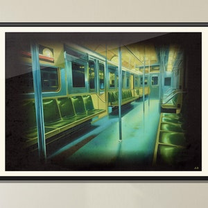 May include: A painting of the interior of a subway car with green seats and yellow overhead lights. The car is empty except for a few seats in the back.