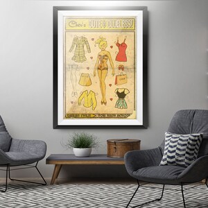 May include: A vintage-style paper doll illustration of a girl named "Cher" with the text "Cher's Cute & Clueless!" and "Dallas Circle - Tome High School". The illustration features a variety of outfits for the paper doll, including a plaid dress, a red dress, a yellow sweater, and a black skirt.