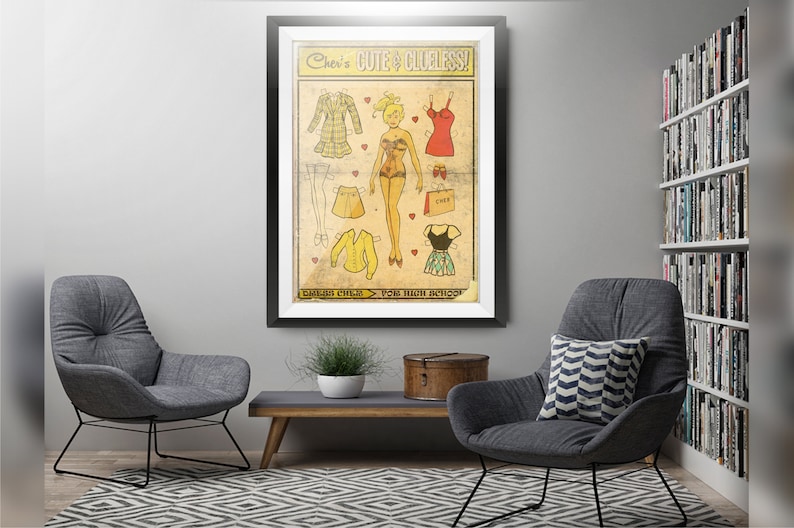 May include: A vintage-style paper doll illustration of a girl named "Cher" with the text "Cher's Cute & Clueless!" and "Dallas Circle - Tome High School". The illustration features a variety of outfits for the paper doll, including a plaid dress, a red dress, a yellow sweater, and a black skirt.