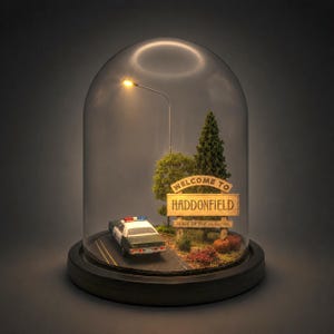 May include: A miniature diorama inside a glass dome featuring a police car on a road next to a wooden sign that reads Welcome to Haddonfield Home of the Huskers. A street lamp illuminates the scene with trees and pumpkins at the base.