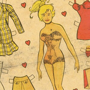 May include: A paper doll set featuring a blonde woman with a red dress, a yellow plaid suit, a pair of red shoes, a yellow skirt, a pair of stockings, and a shopping bag with the word "CHER" printed on it.