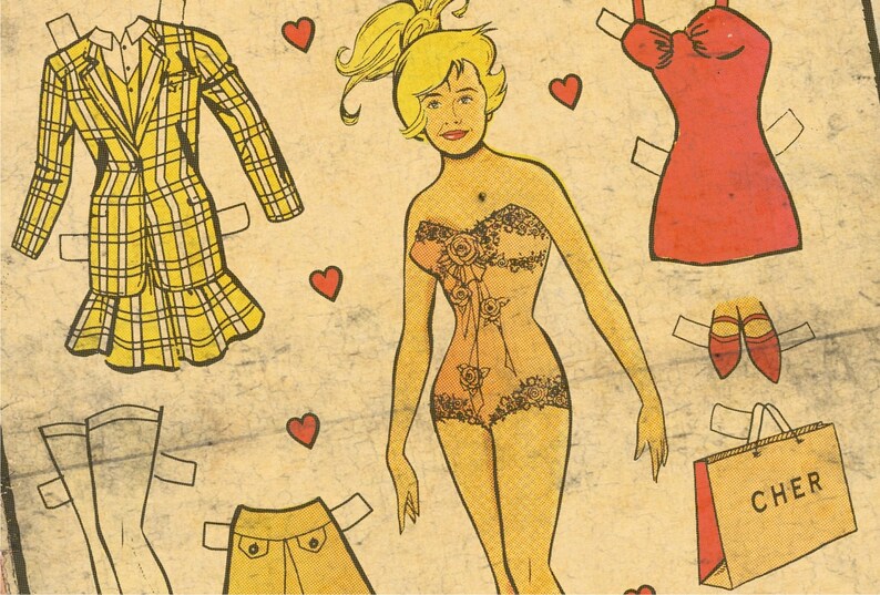 May include: A paper doll set featuring a blonde woman with a red dress, a yellow plaid suit, a pair of red shoes, a yellow skirt, a pair of stockings, and a shopping bag with the word "CHER" printed on it.