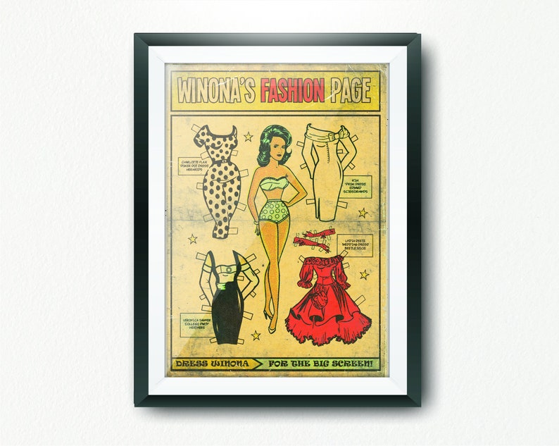May include: A vintage-style paper doll set featuring a woman named Winona. The set includes a variety of outfits, including a polka dot dress, a black dress, a green swimsuit, and a red dress. The text on the page reads "Winona's Fashion Page" and "Dress Winona for the Big Screen!"