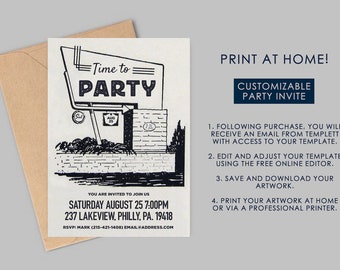 Print at Home! Vintage Motel Themed Party Invitation - Customizable, Instant Download