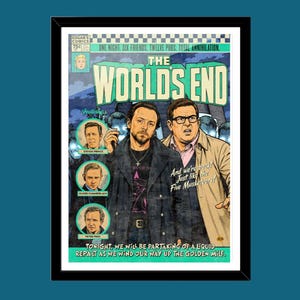 May include: A framed comic book cover art titled The World's End featuring two central figures in jackets, three smaller circular portraits of men, and text including One Night, Six Friends, Twelve Pubs, Total Annihilation, and And We're Back.