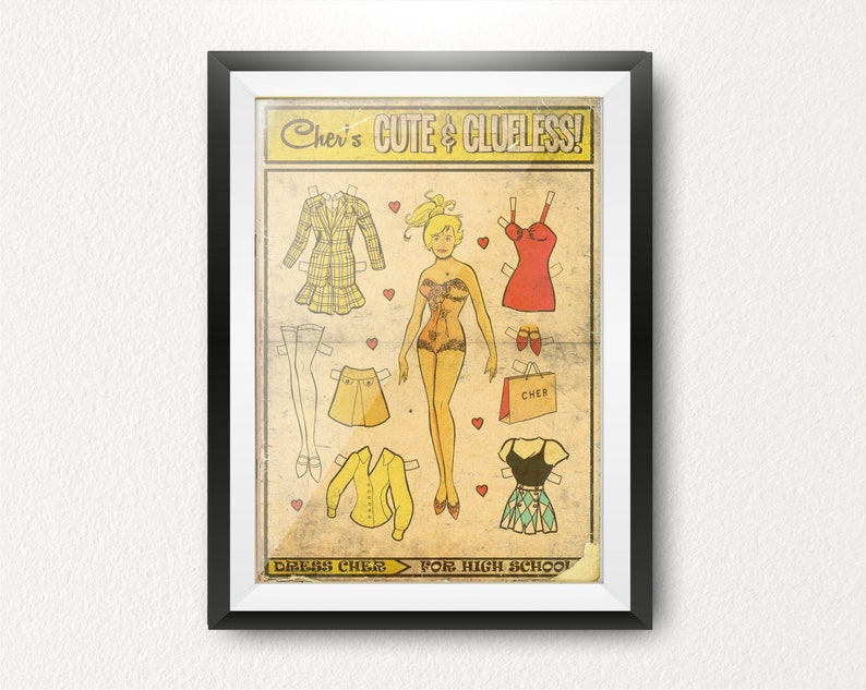 May include: A vintage-style paper doll set featuring Cher from the movie Clueless. The set includes a variety of outfits, including a yellow plaid blazer, a red dress, and a black and white skirt. The text "Cher's Cute & Clueless!" is printed at the top of the image.