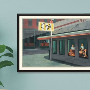 A vintage-style illustration of a diner with a neon sign that reads "Cafe". The diner has large windows that show people sitting inside. The illustration is in a muted colour palette with a faded, vintage look.
