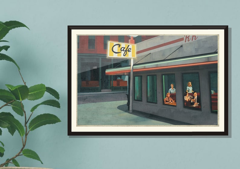 A vintage-style illustration of a diner with a neon sign that reads "Cafe". The diner has large windows that show people sitting inside. The illustration is in a muted colour palette with a faded, vintage look.