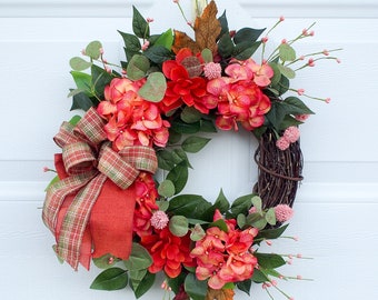 Fall Grapevine Wreath with Orange Hydrangeas, Ficus Leaves for Front Door