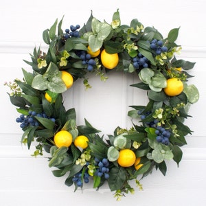 Lemon and Blue Berries Grapevine Wreath for Front Door Wreath. Perfect for spring, summer, or fall.