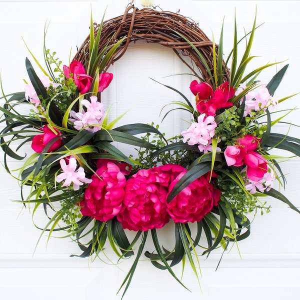 Hot Pink Peonies with Fuchsia Tulips, Pink Flowers and Pampas Grass on Grapevine Wreath for Front Door. Spring, Summer or Everyday Wreath.