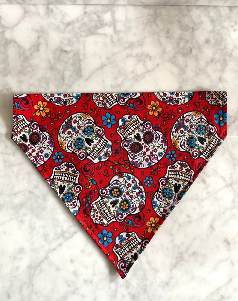 Over The Collar Puppy Scarf Sugar Skulls Dog Bandana Slip On Dog Bandana Red Dog Bandana