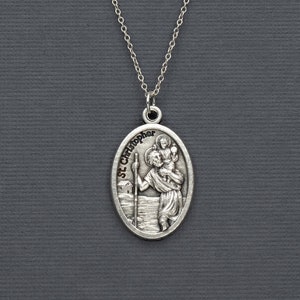St Christopher Medal Necklace, Antiqued Sterling Silver Travel Protection Medal Saint Christopher Necklace, Gifts for Men