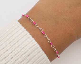 925 Sterling Silver Pink Heart Chain Bracelet, Necklace