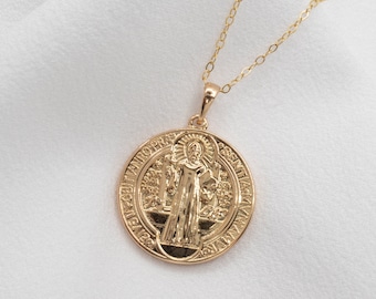 18k Gold Filled Saint Benedict Medallion Necklace, Double Sided Coin
