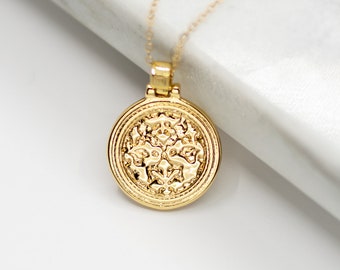 Gold Coin Necklace, Disc Medallion, Dainty Necklace