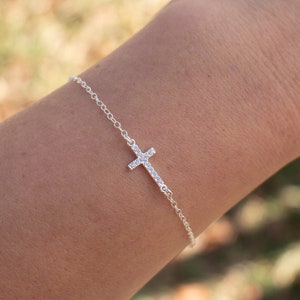 925 Sterling Silver Cross Bracelet, Dainty Cross Bracelet, Sideways Cross Bracelet, Small Cross Bracelet