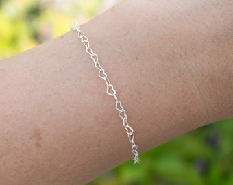 925 Sterling Silver Heart Chain Bracelet, Dainty Tiny Hearts Bracelet, Necklace