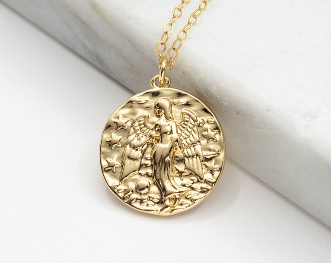 Angel Coin Necklace Gold Angel Medallion Necklace Etsy