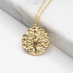 Angel Coin Necklace, Gold Angel Medallion Necklace