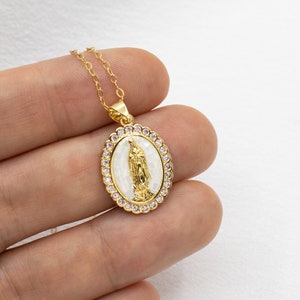 Pink Virgin Mary Gold Filled Necklace, Lady Guadalupe Religious Necklace