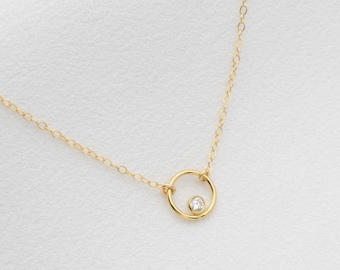 14k Gold Filled Circle with 3mm CZ Necklace, Minimalist Dainty Necklace