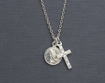 Praying Hands and Cross 925 Sterling Silver Religious Necklace