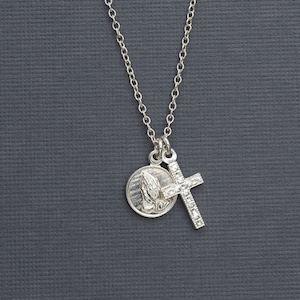 Praying Hands and Cross 925 Sterling Silver Religious Necklace
