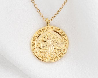 Saint Francis of Assisi Necklace, Dainty 18k Gold Filled Coin Necklace