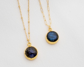 Labradorite Necklace, Gold Labradorite Round Necklace