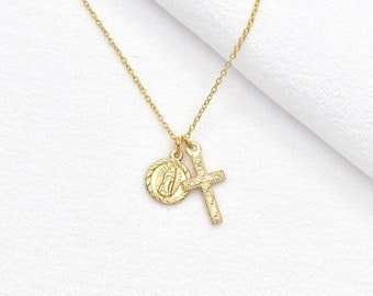 Dainty Virgin Mary Cross Necklace, Gold Filled Virgin Mary Religious Necklace, Baptism Necklace
