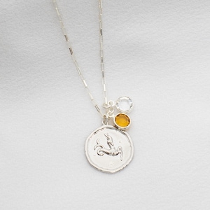 Silver Zodiac Coin Necklace and Birthstone, Personalized Birthstone Zodiac Necklace