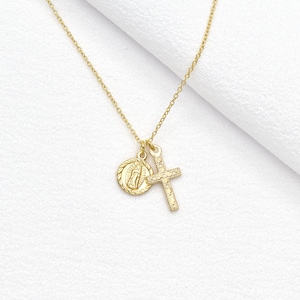 Dainty Virgin Mary Cross Necklace, Gold Filled Virgin Mary Religious Necklace, Baptism Necklace